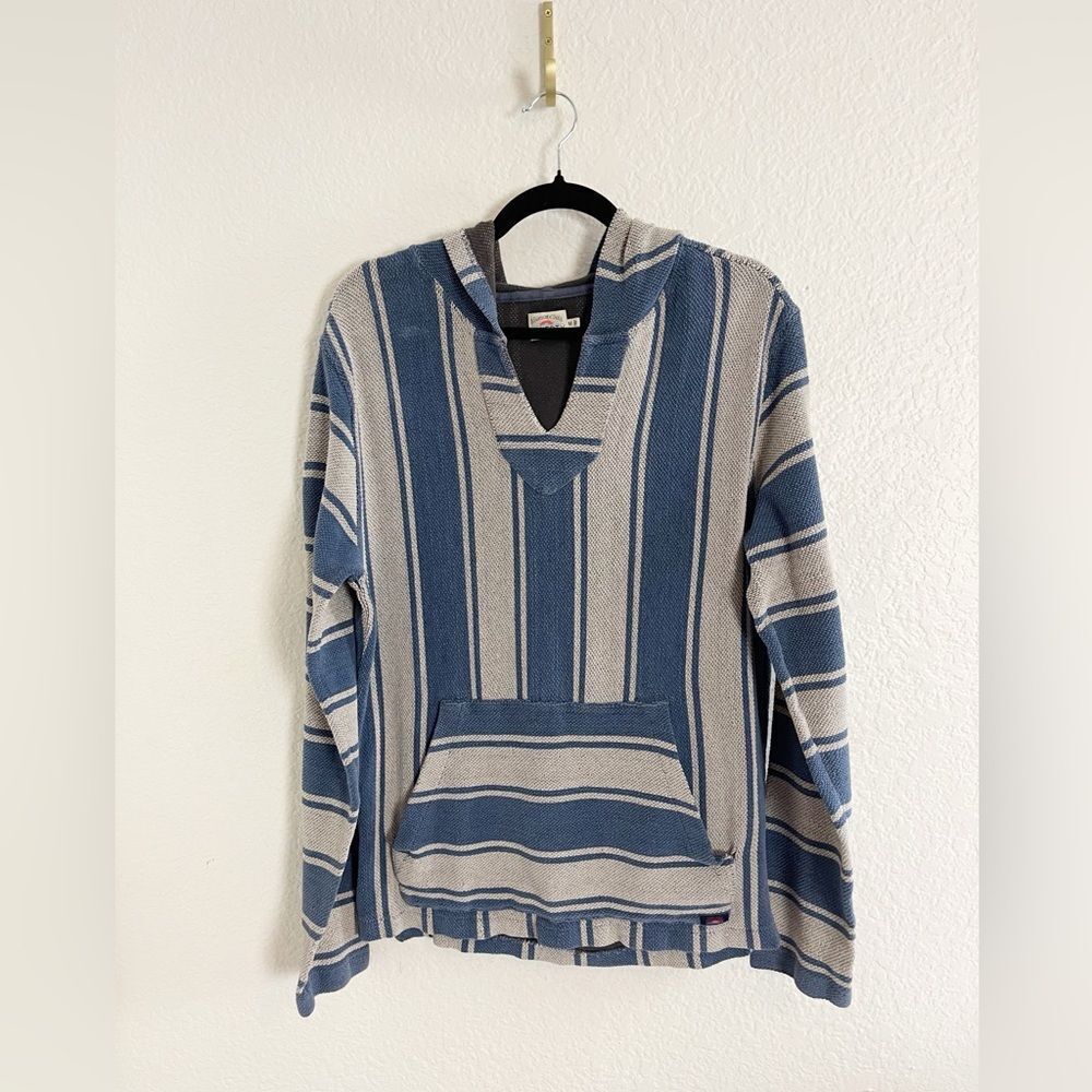 Faherty Mens Baja Poncho Blue and gray stripe Cotton Hoodie - Size M - Picture 2 of 7